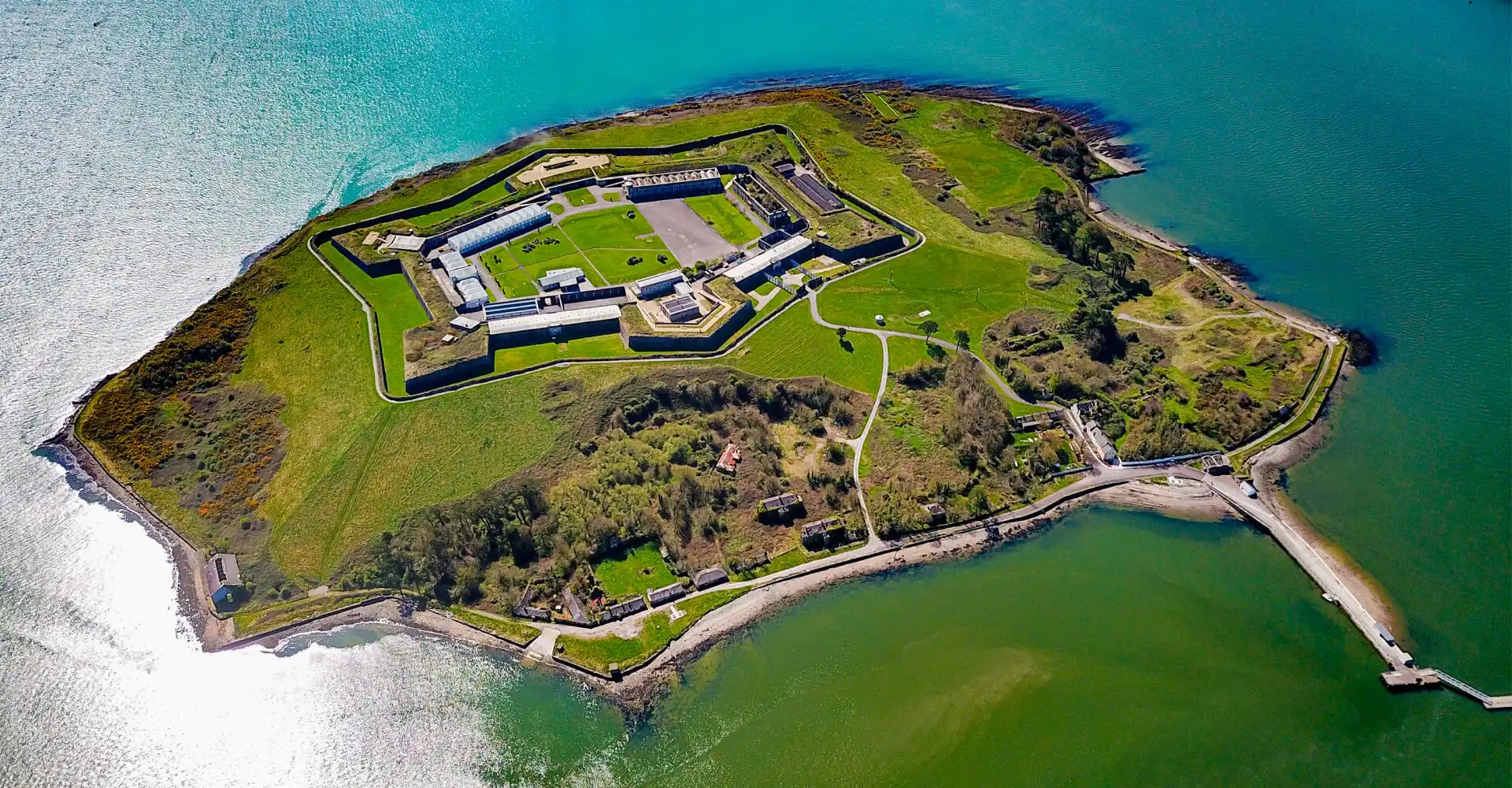 Aerial view of Spike Island and its star-shaped fortress in Cork Harbour