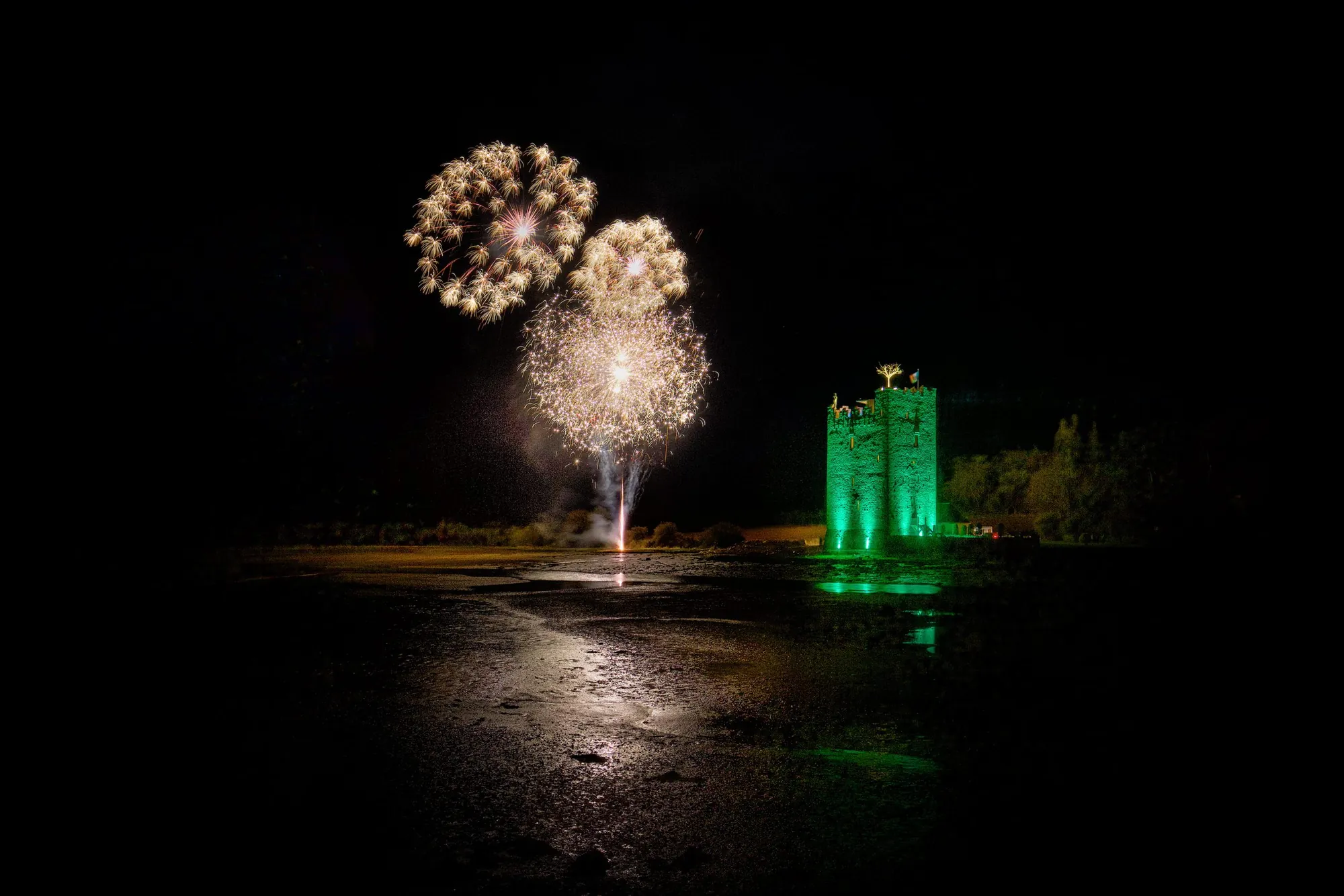 Fireworks above Belvelly Castle while the tower is lit green