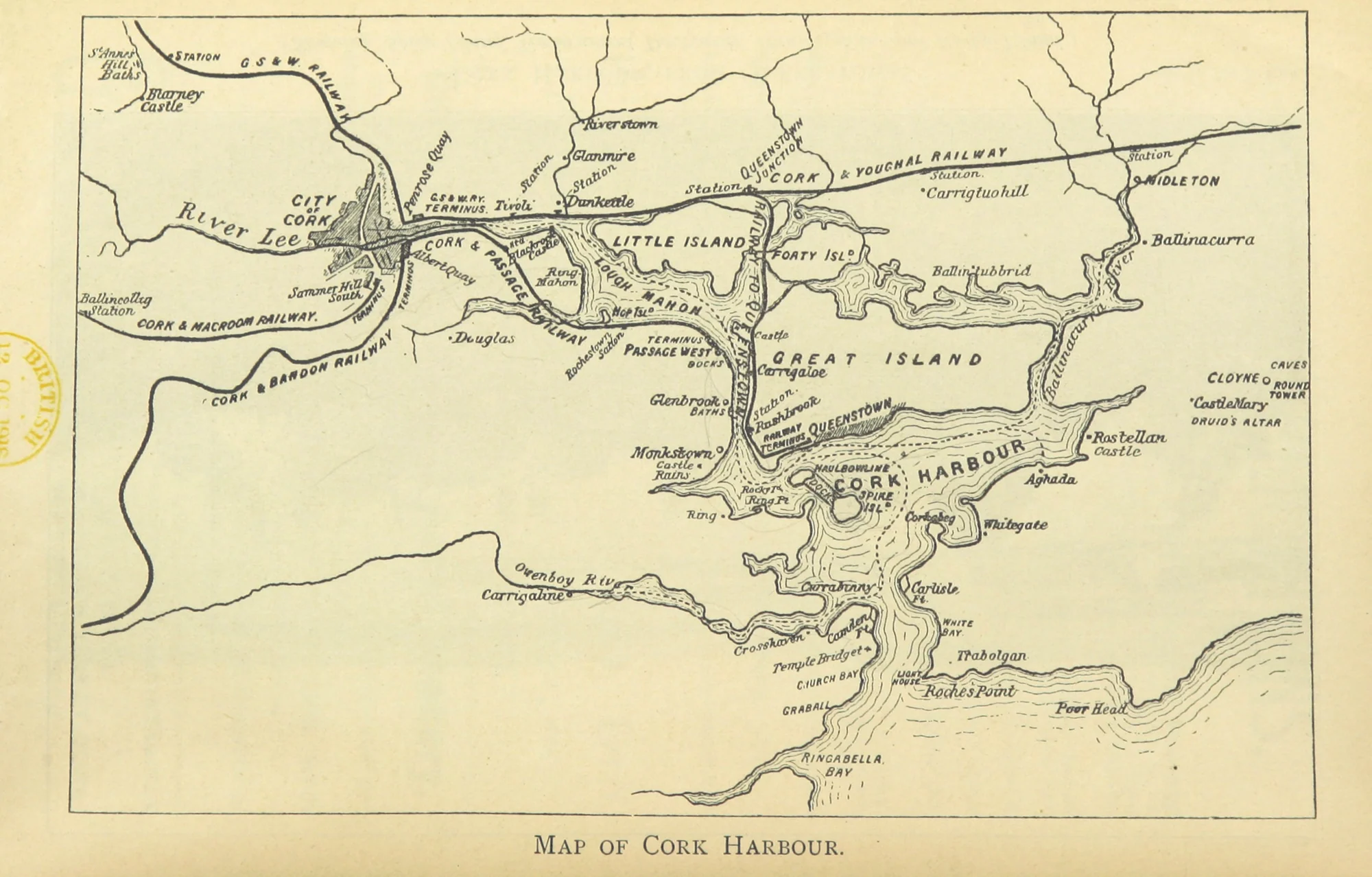 Engraved 1895 map of Cork Harbour showing Great Island, Belvelly and the surrounding channels