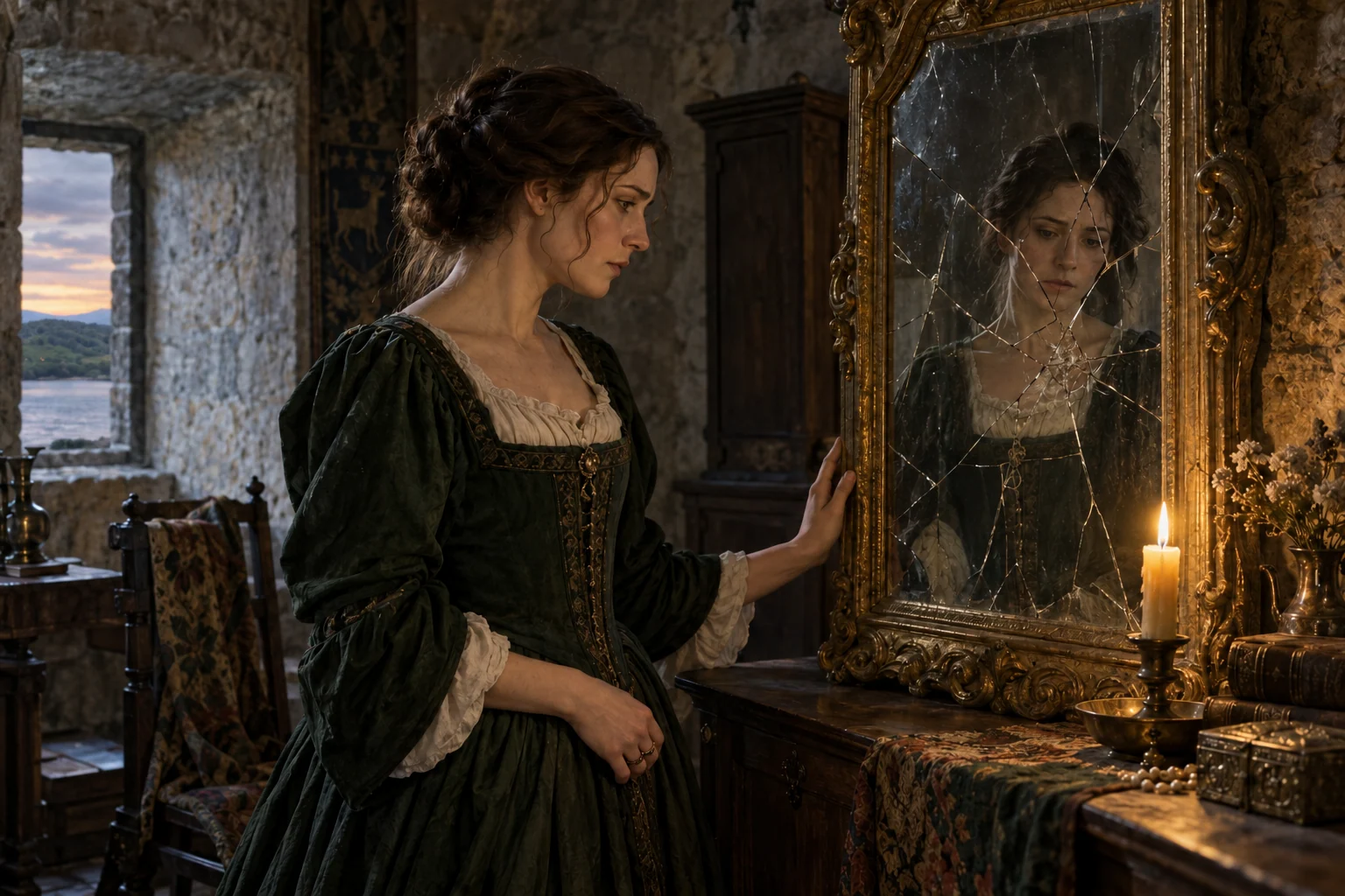 Illustration of a woman before a broken Venetian mirror in a stone chamber