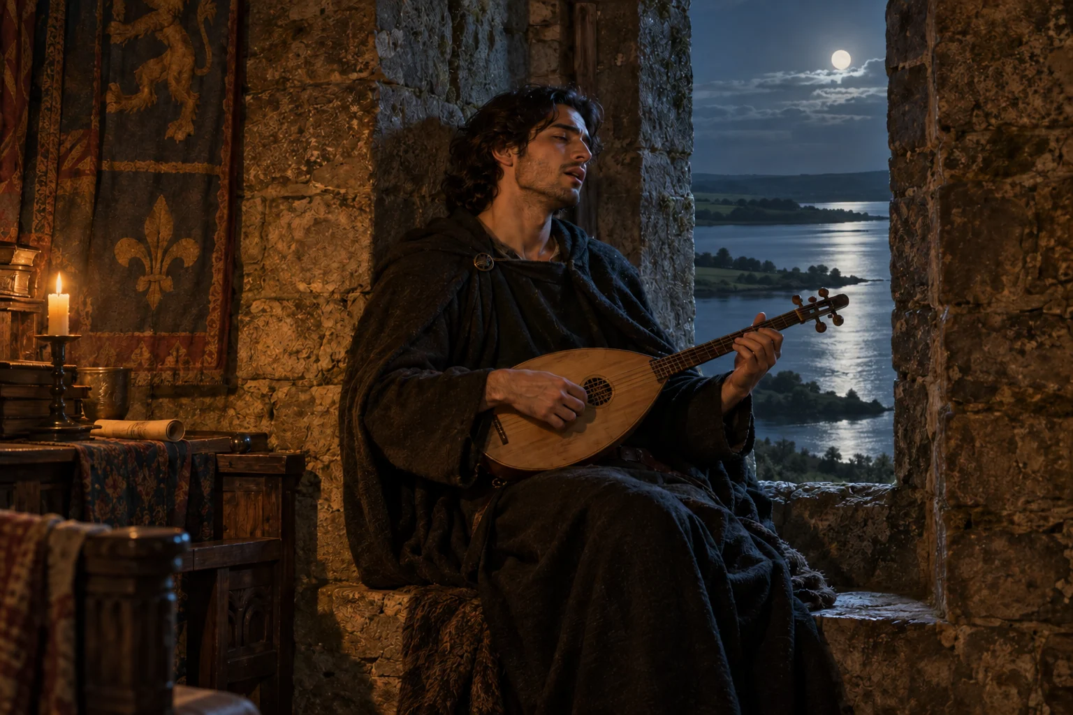 Illustration of two minstrels facing each other in a candlelit medieval hall
