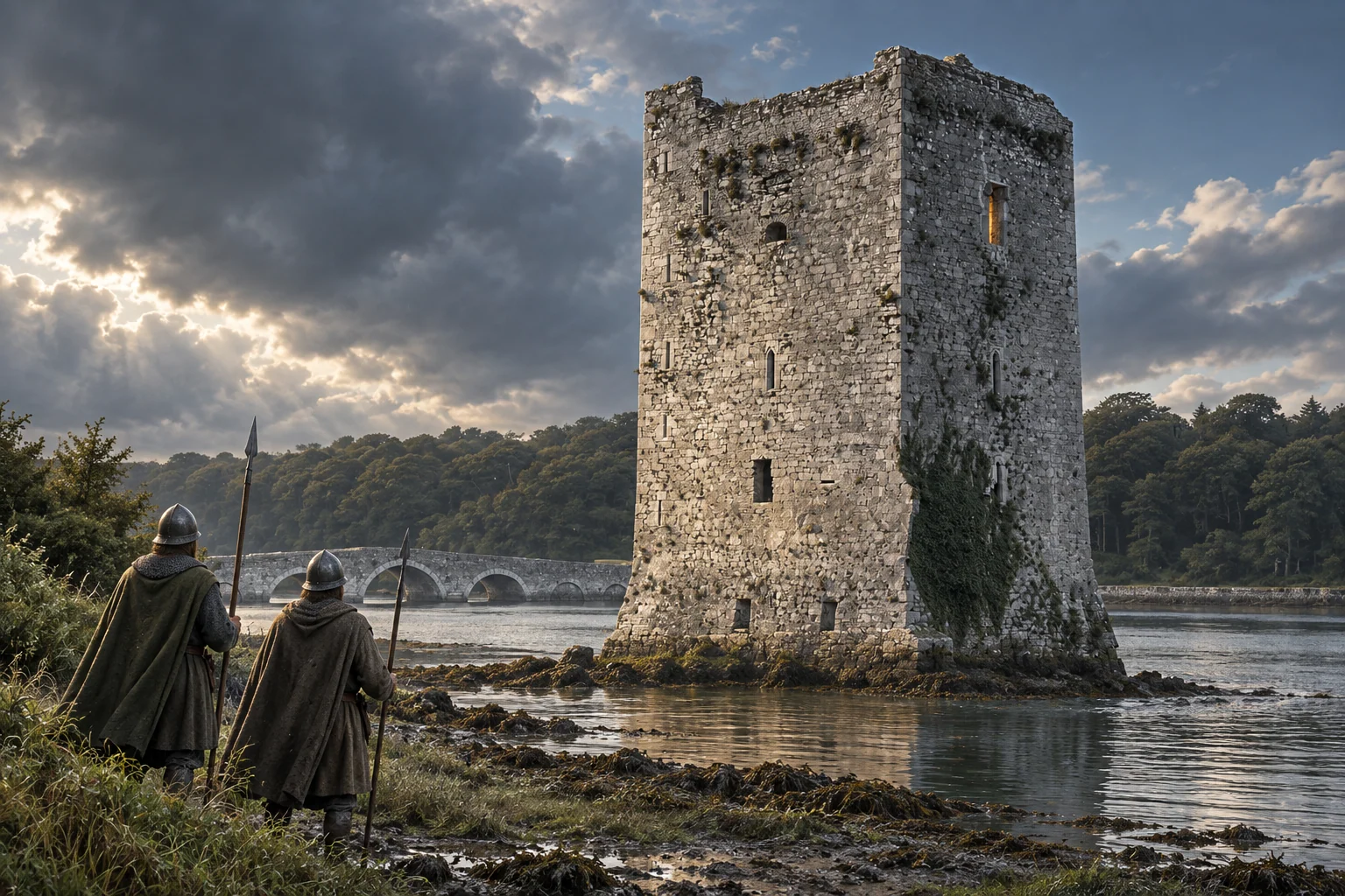 An imagined scene of armed retainers approaching Belvelly Castle