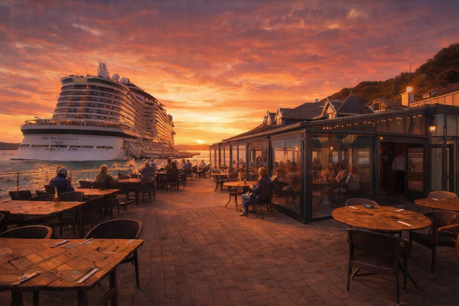 The Last Drop terrace at sunset with a cruise liner alongside the Cobh quay