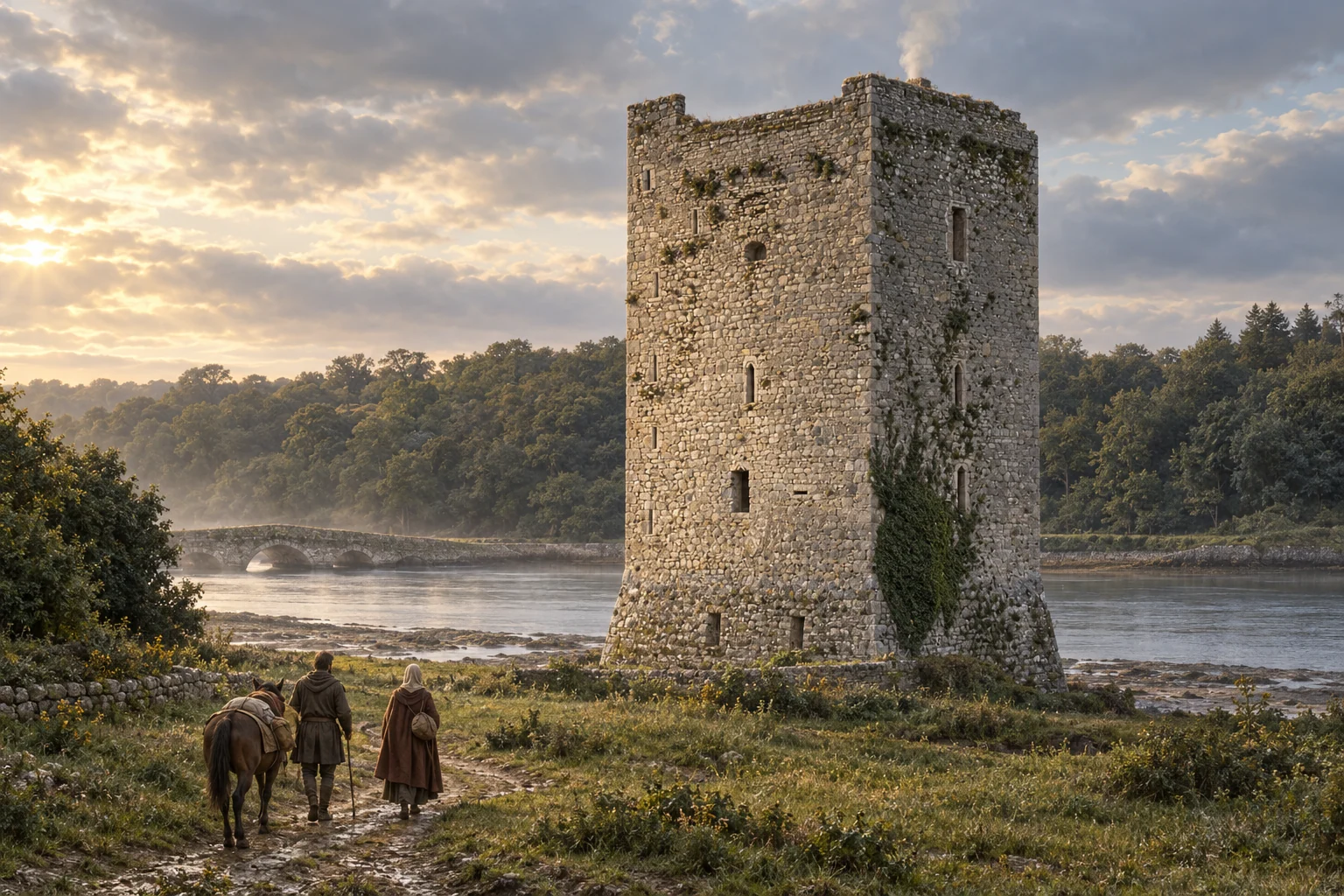 An imagined medieval scene of Belvelly Castle at the crossing